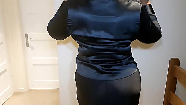 Shiny leggings and satin blouse bondage