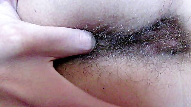 Close up hairy asshole teasing and fingering