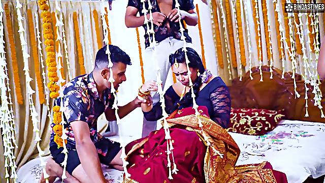 Desi Indian Big Boobs Newly Married MILF Wife Gangbang with Her Husband's Friend