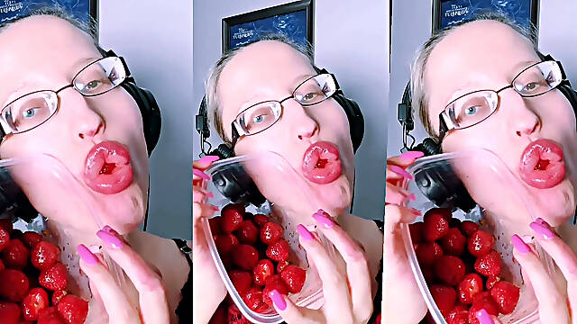 Asmr Strawberry Eating - Asmr, Eye Glasses, Gianess, Lipstick, Big Lips, Mough, Food, Face Fetish, Long Nails