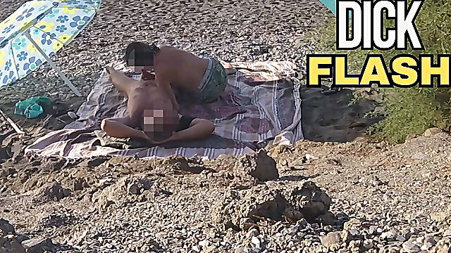 Exhibitionist Wife Outdoor Amateur MILF Blowjob & Handjob Big Cock on Nudity Beach in Front of Follower with Cum