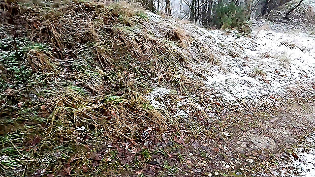 Slapping Her Tits While Hiking Through the Snow
